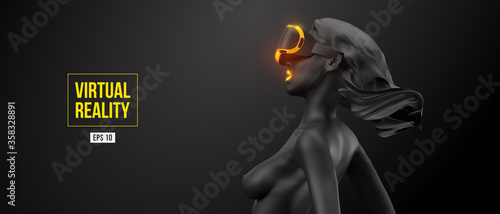 VR headset, online shopping. Woman, wearing virtual reality glasses on black background. Woman buys a goods in one click. Vector. You will also find a original jpeg for this image in my portfolio