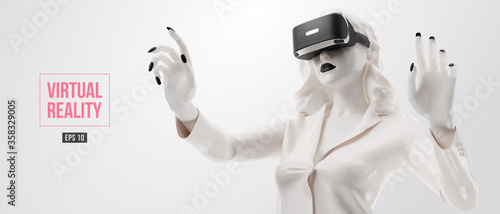 VR headset, online shopping. Woman, wearing virtual reality glasses on black background. Woman buys a goods in one click. Vector. You will also find a original jpeg for this image in my portfolio