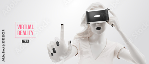 VR headset, online shopping. Woman, wearing virtual reality glasses on black background. Woman buys a goods in one click. Vector. You will also find a original jpeg for this image in my portfolio