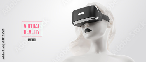VR headset, online shopping. Woman, wearing virtual reality glasses on black background. Woman buys a goods in one click. Vector. You will also find a original jpeg for this image in my portfolio