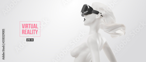 VR headset, online shopping. Woman, wearing virtual reality glasses on black background. Woman buys a goods in one click. Vector. You will also find a original jpeg for this image in my portfolio