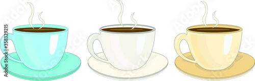 Three cups with coffee with steam. Colorful cups of tea. Vector illustration cups.