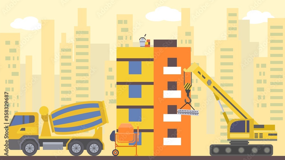 Site flat build, vector illustration. Crane design city house, home architecture industry concept and urban development. Work equipment for structure cartoon construction by excavator.