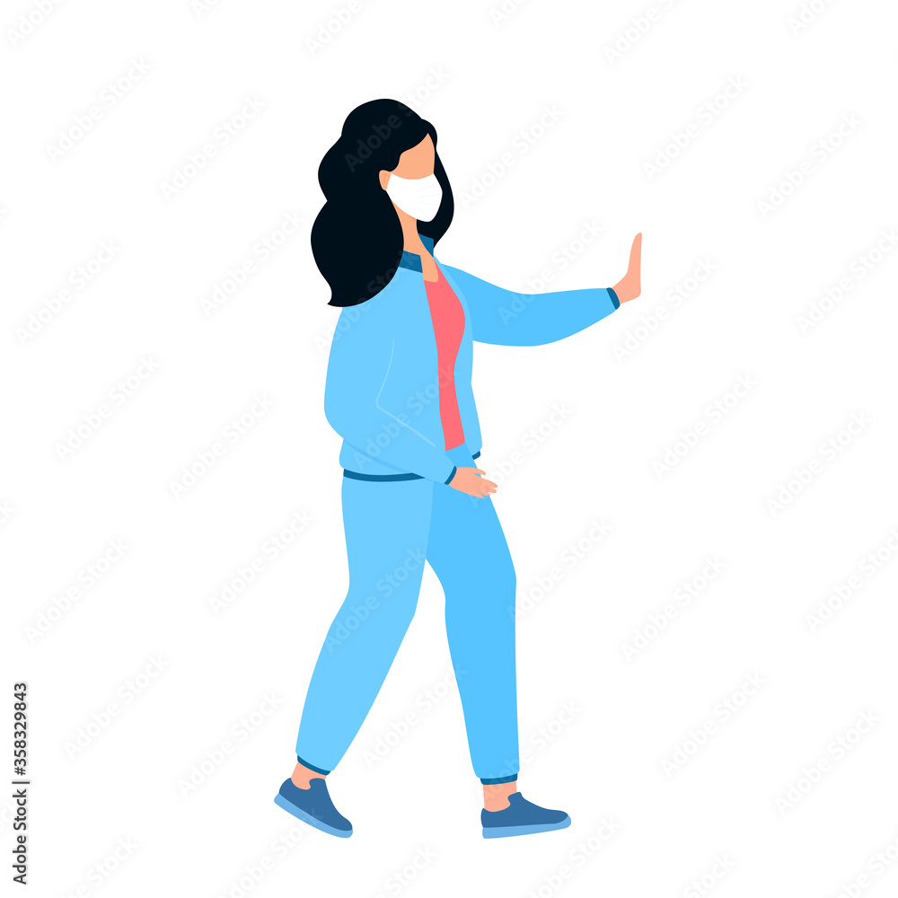 Woman in protective mask shows hand gesture stopping Woman in protective mask shows hand gesture stopping