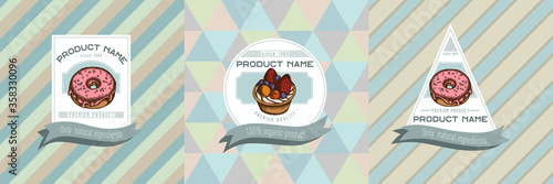 Three colored labels with illustration of donut, tartlet