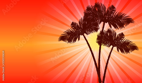 Sunset landscape with palm trees silhouettes. Vector EPS10
