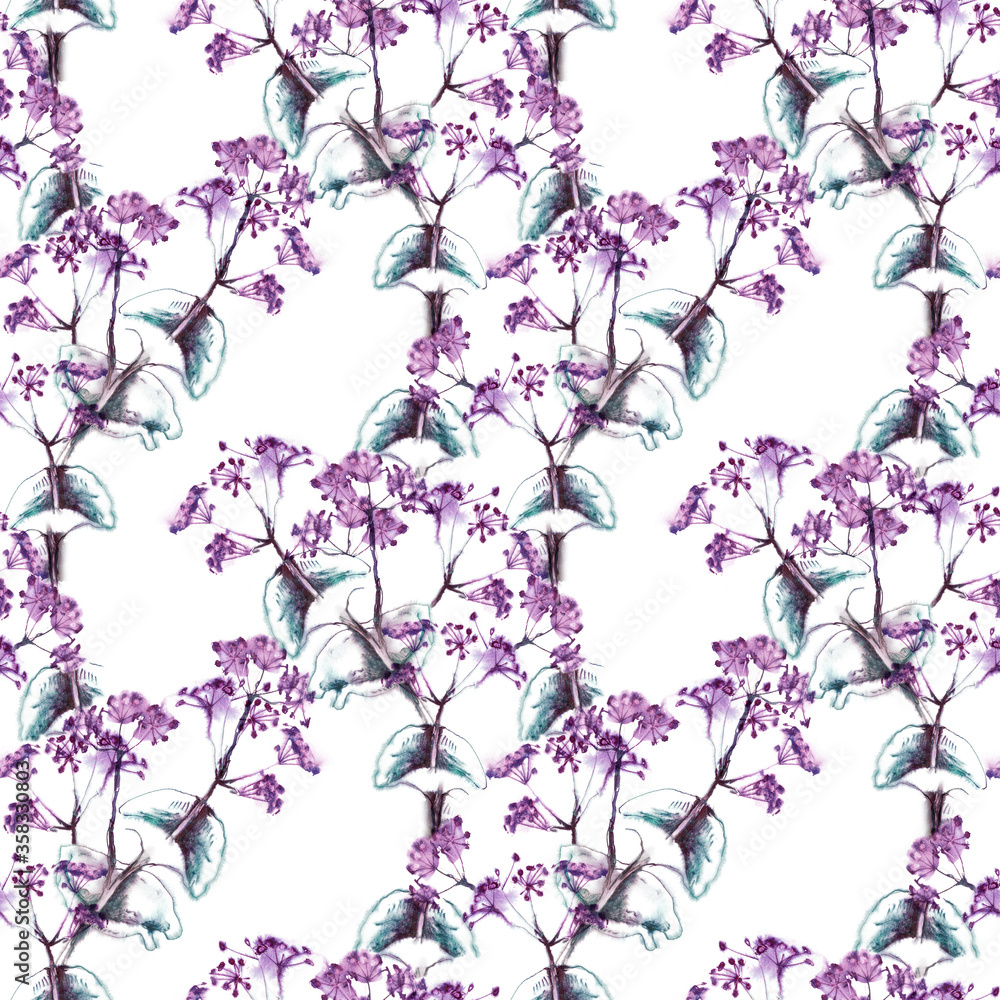 Wild Flowers Seamless Pattern. Watercolor Background.