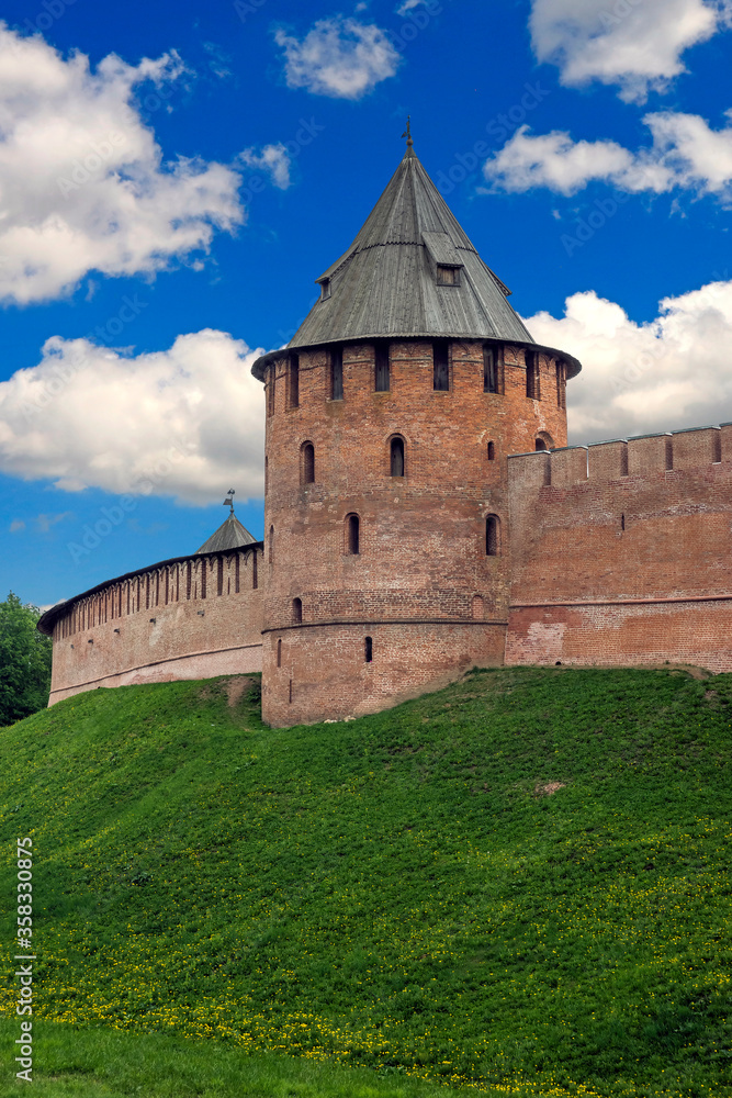 Fortress wall and tower. Kremlin in the city of Novgorod, Russia