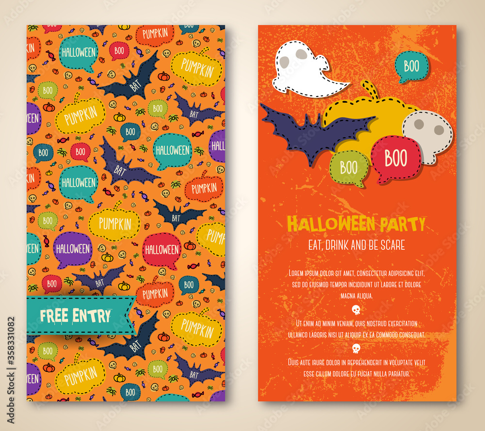 Halloween two sides poster or flyer. Vector illustration. Fashionable Halloween party invitation. Place for your text message. Halloween menu design.