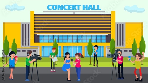 Interview star, journalist work, vector illustration. Media woman character with cartoon microphone, reporter broadcast at tv news. Flat famous female near video camera and concert hall.
