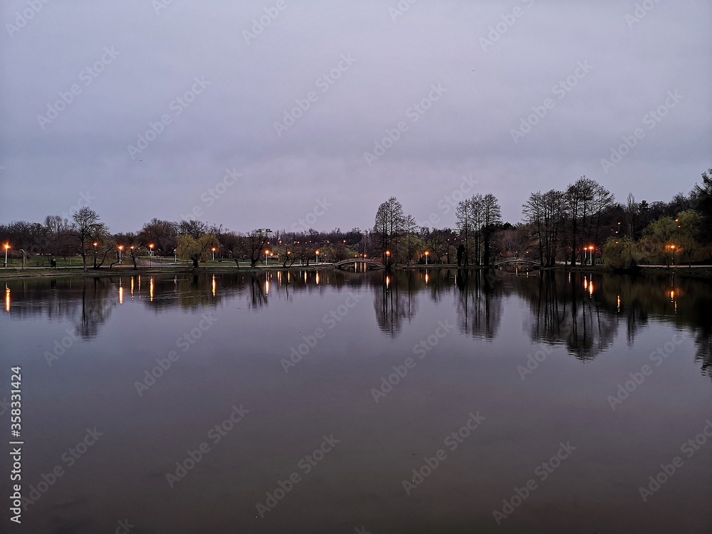 Night view of the city - lake in the park