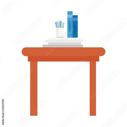 wooden table with books and pencils on white background vector illustration design