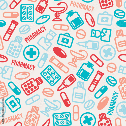 Seamless pattern of pills and capsules icons. Vector illustration. Medicine colorful vector tiling. Pharmacy symbols and objects. Pharmaceutical background.