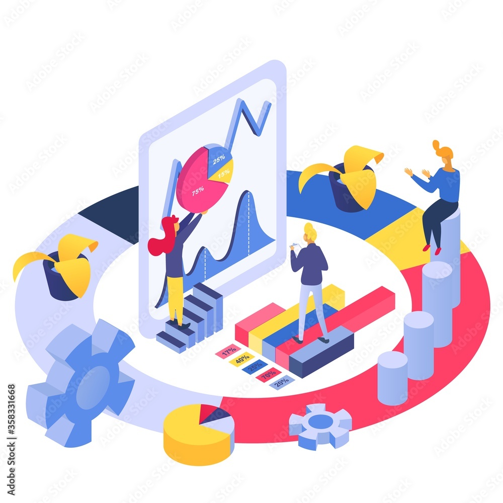 Isometric analytics business team, vector illustration. Flat people character analysis marketing chart and graph concept. Teamwork with data development, management and design strategy.