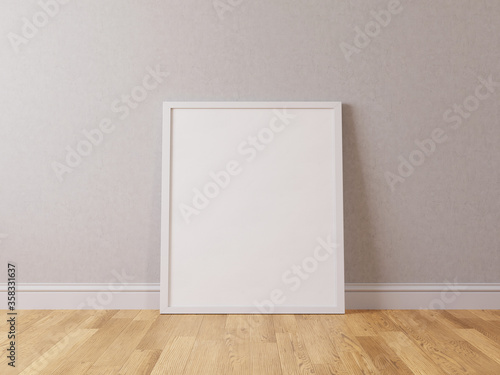 Fototapeta Naklejka Na Ścianę i Meble -  Vertical white frame mock up. White frame poster on wooden floor with white wall. 3D illustrations.