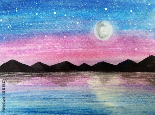 Summer night on the lake under full moon light - painted with watercolors