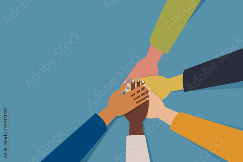 Illustration of multi ethnic hands placed over other. Concept of teamwork