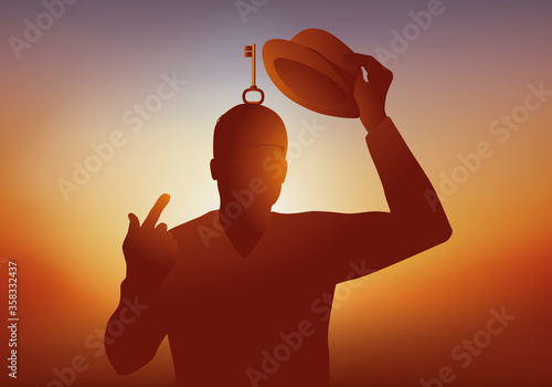 Concept de la réflexion et la recherche d’idées avec un homme qui fait apparaitre une clé en soulevant son chapeau pour symboliser la solution.