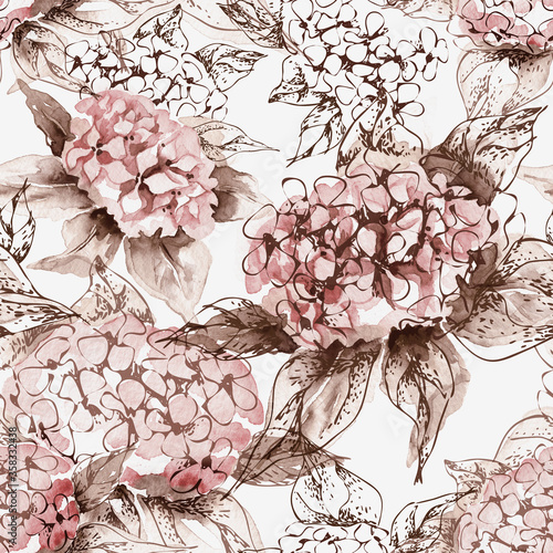 Watercolor Hortensia Seamless Pattern.