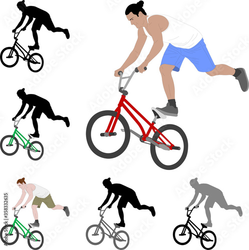 bmx stunt bicyclist silhouette and color illustration - vector