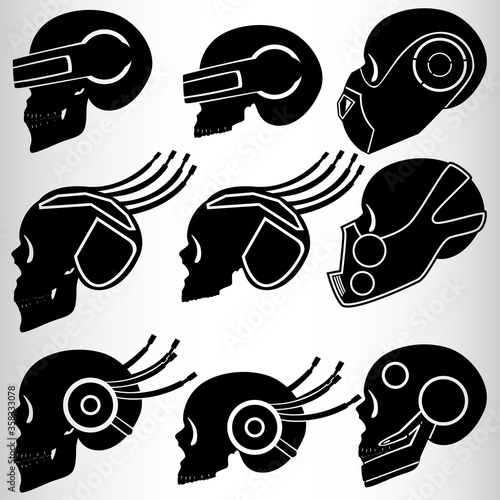 A set of nine skulls in the style of cyberpunk. Set for emblems or tattoos, cyborg skull. Nine emblems in the style of cyberpunk, skulls with implants.