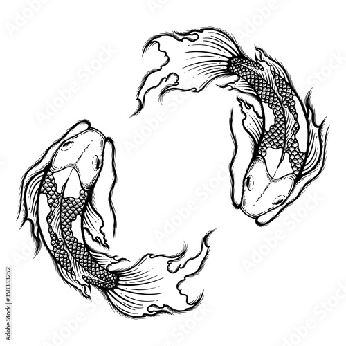 Hand drawn outline Koi fish vector illustration, tattoo design, japan style, line art ink work, animal wildlife.