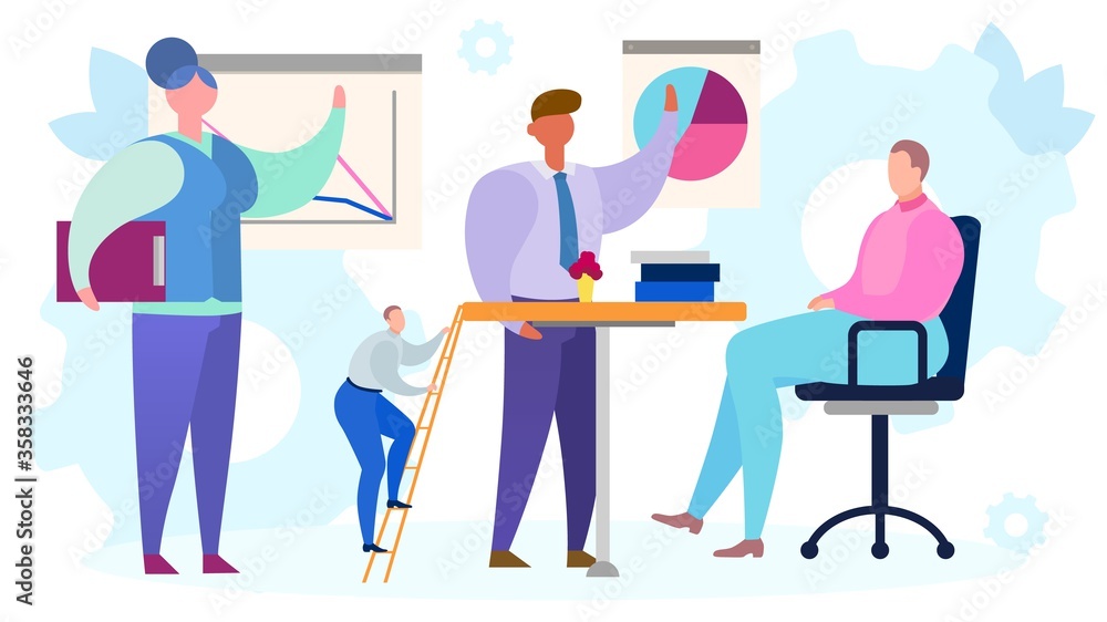 Business meeting worker in office, vector illustration. Man woman people character teamwork presentation for manager leader. Team discussion in flat company, cartoon group communication.