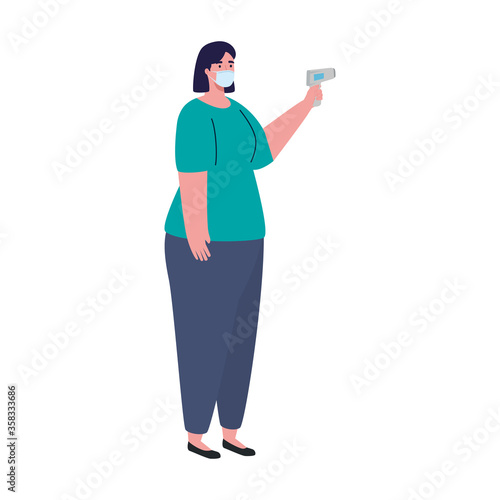 covid 19 coronavirus, woman holding infrared thermometer to measure body temperature vector illustration design