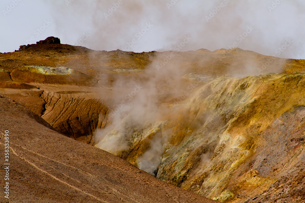Namafjall, a high-temperature geothermal area with fumaroles and mud pots in Iceland