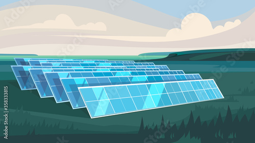 Landscape with solar panels. Renewable energy.