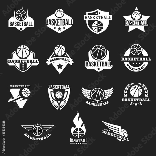 Collection of basketball logo, badge or label concept. Creative design template composition for branding sport club, championship, competition. Modern vector illustration.