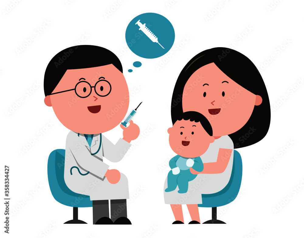 doctor hand holding vaccine syringe talk to mother with her baby cartoon character design doctor hand holding vaccine syringe talk to mother with her baby cartoon character design