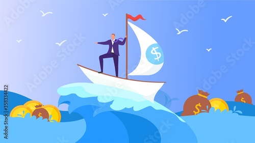 Business ship with man in sea, vector illustration. Businessman magaer character in boat look for money and cartoon success. Work to financial goal in banking career water, ocean concept.