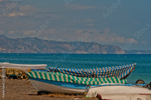 Fishing boats on Playa del Penoncillo Torrox Costa Andalusia Costa del Sol Spain