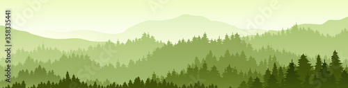Vector horizontal landscape with fog, forest, mountains and morning sunlight. Illustration of panoramic view, mist and silhouettes mountains. Good for wallpaper, background, banner, cover, poster