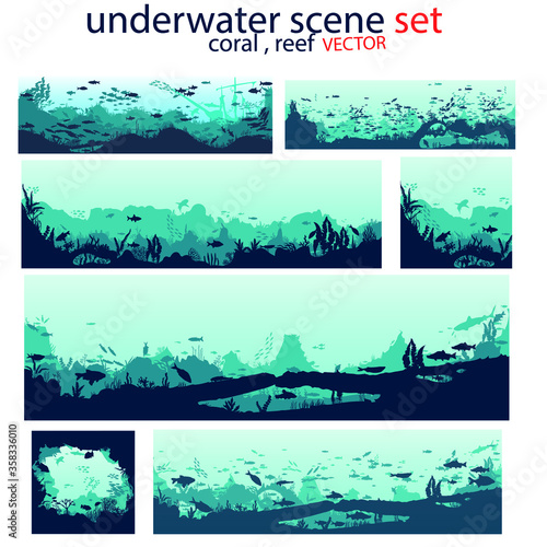 Set of three marine underwater backgrounds. The bottom of the ocean with algae. Vector nautical scene. , Deep blue water, coral reef and underwater plants. beautiful underwater scene with fish; vector