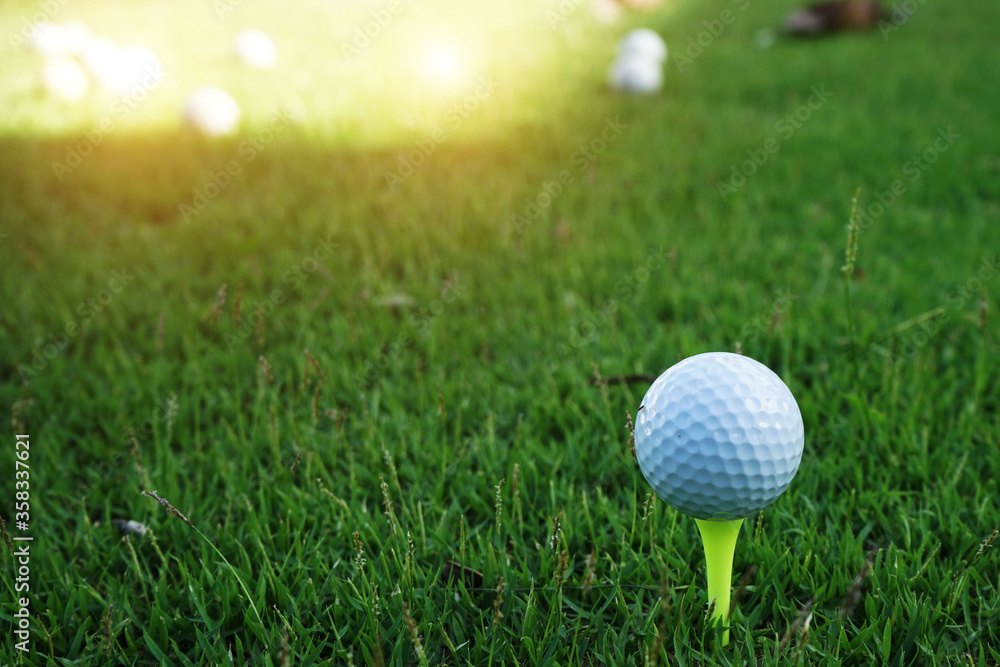 Golf ball on tee ready to be shot. golf ball on tee in the evening golf course with sunshine. Golf ball on tee ready to be shot. golf ball on tee in the evening golf course with sunshine.