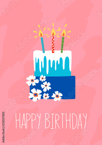 Wall Mural Blue happy birthday cake with white flowers and candles on pink background