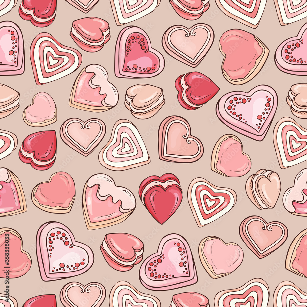 Cookies pattern. Seamless yummy food background. Heart shape cokies on pastel backdrop. Sweet food print. Tasty sweets texture. Cookies pattern. Seamless yummy food background. Heart shape cokies on pastel backdrop. Sweet food print. Tasty sweets texture.