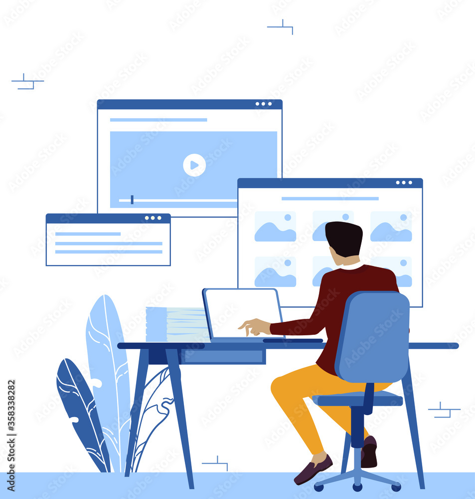 Open window of application on background, freelancer sit back on the computer. Illustration for web Open window of application on background, freelancer sit back on the computer. Illustration for web