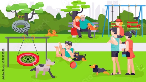 Dog park, vector illustration. People man woman cartoon lifestyle with pet at outdoor nature. Happy female male person with animal puppy, training activity at city, adult character.
