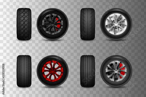 Realistic vector tires set. Car tires with different tread marks. wheels for a car with brake discs.