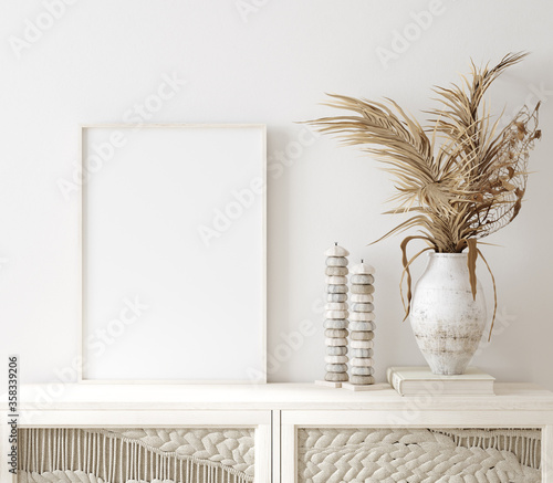 Mock up frame in home interior background,
 white room with natural wooden furniture, Scandi-Boho style, 3d render