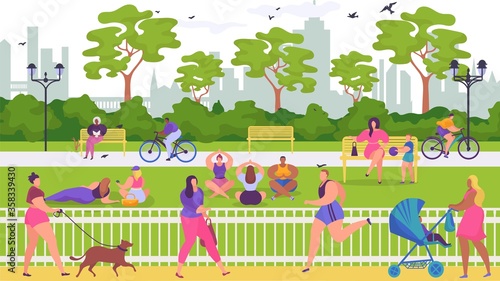 People have rest in park, vector illustration. Flat outdoor activity at nature, sport lifestyle with cartoon summer landscape. Woman man character walk, have picnic and sit at bench.