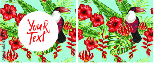 Beautiful seamless vector floral summer pattern background with toucan, palm leaves, hibiscus, plumeria. Ideal for wallpapers, background web pages, surface textures, textiles.