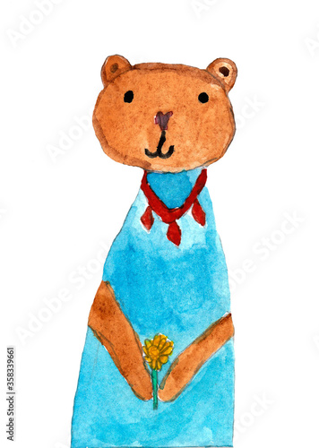Cute little bear. Watercolor in the style of children's drawing. Decoration for children's parties, rooms, accessories