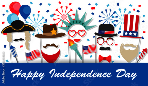 Fourth of July background with booth props, fireworks, flags, balloons, confetti. Statue of liberty, Uncle Sam costumes.Can be used for 4th july Independence Day party invitation, card, flyer, poster