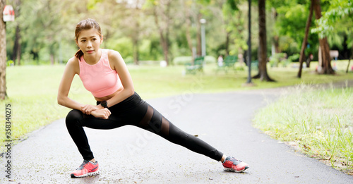 Lifestyle Happy Asian women is Workout in the great outdoors or the beautiful nature park. Enjoying the physical activity in the summer. Concept Good health