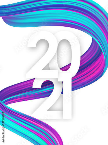 Happy New Year. Number of 2021 with twisted colorful paint stroke shape.