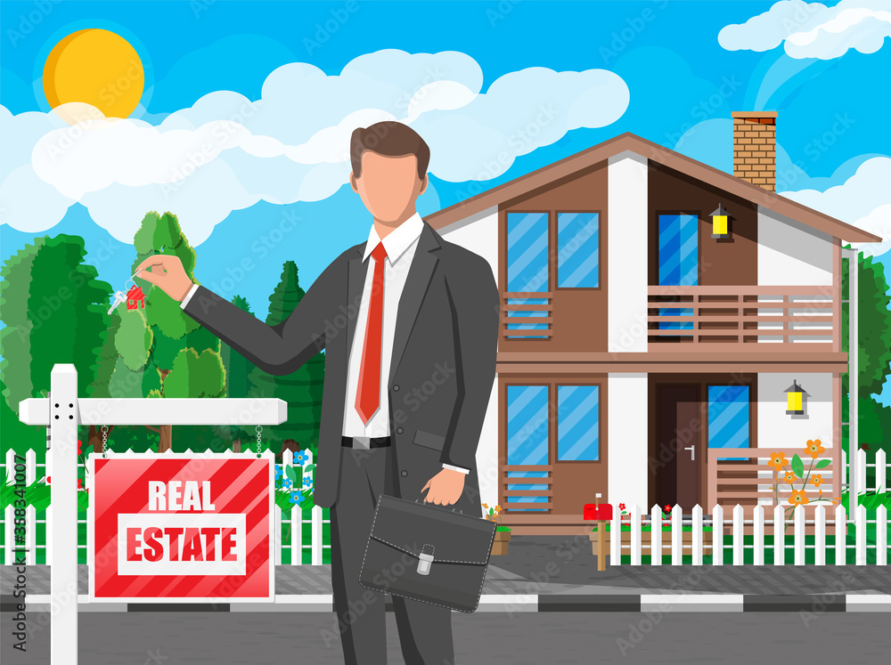 Fototapeta premium Businessman or realtor near suburban house holding key. Wooden placard with real estate sign. Mortgage, property and investment. Buy sell or rent realty. Flat vector illustration